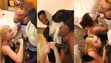 Sucking two black cocks together with her friend